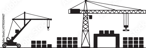 Silhouette Of Port Crane With Cargo Containers For Loading Goods For Transportation