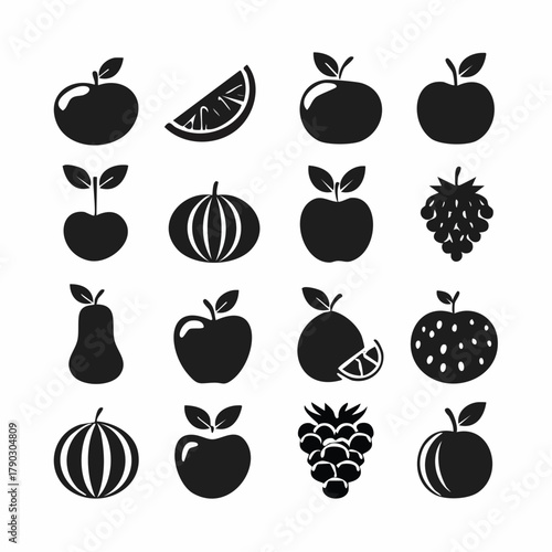 Collection of black and white illustrations of various fruits including apples, pears, grapes, and citrus slices against a clean white background.