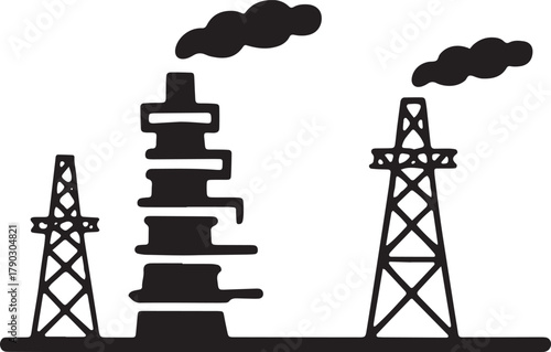 Black Silhouette Vector Illustration of Oil Refinery or Industrial Plant