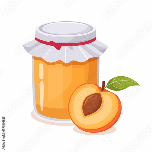 Illustration of a jar of peach jam with a sliced peach and leaf on a clean white background.