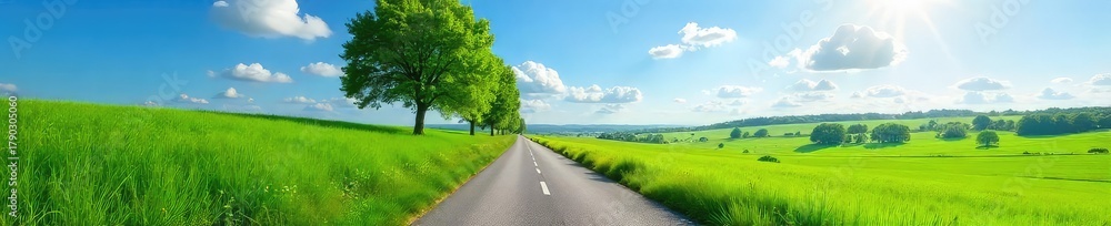 Fototapeta premium Serene countryside road winding through lush green fields under a vibrant blue sky, sun-dappled trees lining the way Perfect for travel, nature, and landscape themes , sunshine, grass, nature