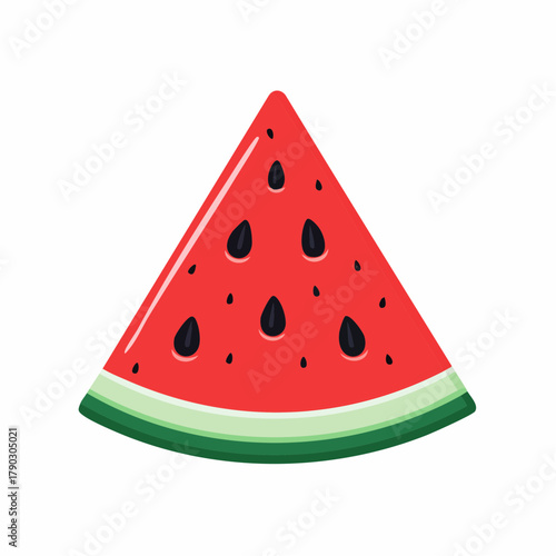 Illustration of a triangular slice of watermelon with red pulp and black seeds on a white background.