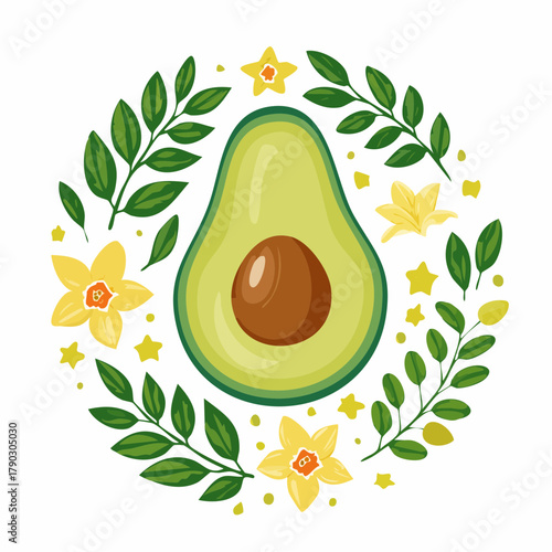 Illustration of a halved avocado with brown pit surrounded by green leaves, yellow flowers, and stars on a white background.