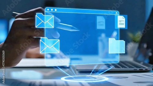 Futuristic Email Management Concept Digitized Communication, Data Organization, and Technology Integration