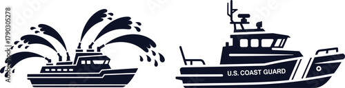 Silhouette of a fireboat spraying water and aU. S. Coast Guard vessel water cannon rescue