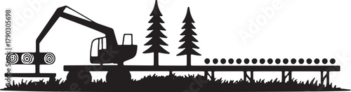 Wood Mill Scene Silhouette with Log Loader and Timber Transport on Transparent Backdrop