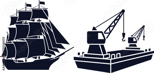 Silhouette of a sailing ship with sails and a cargo barge with cranes tall ship schooner