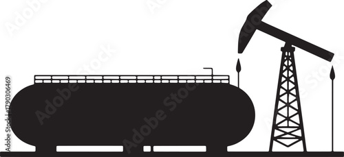 Black Silhouette of Oil Pump and Tank Extraction of Fossil Resources Drilling Rig