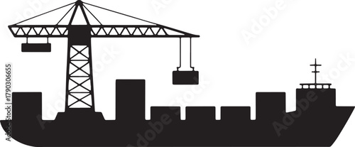 Silhouette Container Cargo Ship with Crane Lifting Box at Harbor Maritime Transport