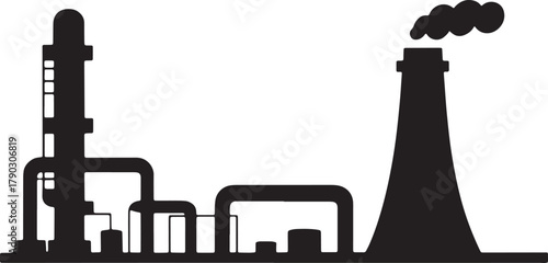 Silhouette illustration of factory with smoke emitting from chimney with industrial elements