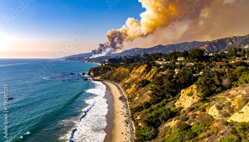 Coastal landscape with a wildfire burning in the mountains, smoke rising into the sky above ocean waves meeting the sand
