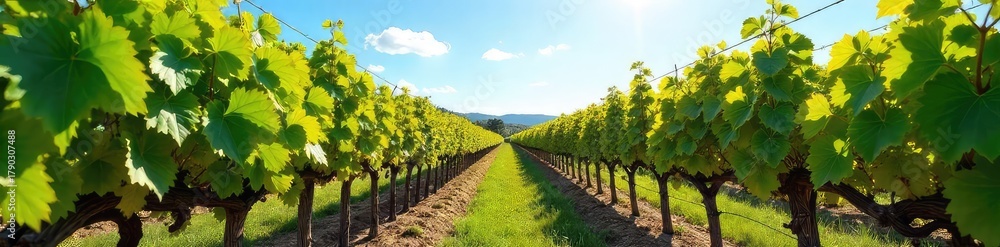 Naklejka premium Sun-drenched rows of ripening grapes on a picturesque vineyard slope, ready for harvest The lush green vines stretch towards a clear blue sky , vineyard view, grape harvest