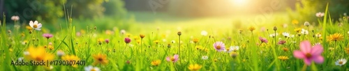 Sun-drenched meadow in summertime, wildflowers in bloom, vibrant green grass, idyllic landscape Perfect for nature, summer, and idyllic themes , daytime, yellow, peaceful