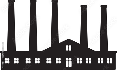 Silhouette Illustration of Factory Building With Chimneys on Transparent Background
