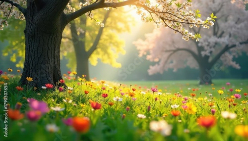 Sunlight dappled through blossoming trees, illuminating vibrant wildflowers in a lush meadow A perfect depiction of carefree spring joy and renewal , optimism, wildflowers