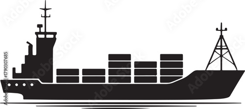 Silhouette Illustration of Cargo Ship With Containers on Transparent Background