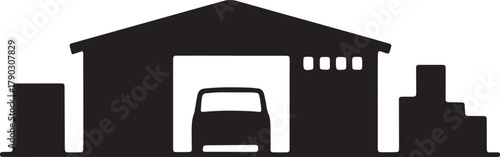 Silhouette Illustration of Warehouse Building With Car on Transparent Backdrop