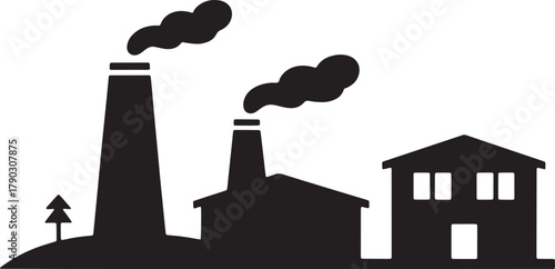Silhouette of Factory and Buildings With Smoke on Transparent Background