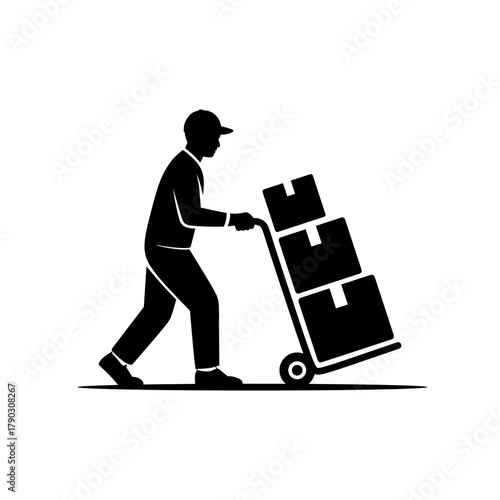 Delivery Man with Hand Truck and Boxes Vector Illustration