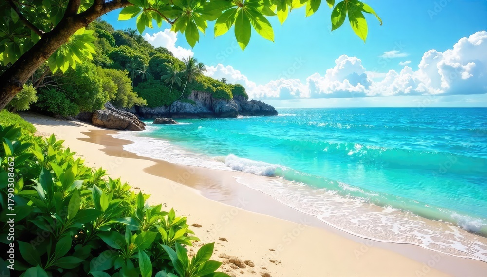 Fototapeta premium Vibrant summer scene featuring a sun-drenched beach, turquoise ocean waves, and lush green foliage Perfect for travel, vacation, and summer holiday themes , sand, heat