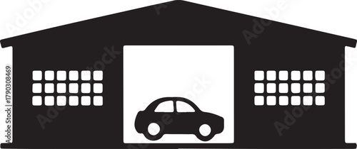 Car in garage outline illustration for vehicle storage and automotive repair
