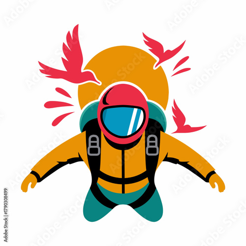 Skydiving Adventure Logo with Birds and Sunset Illustration Vector