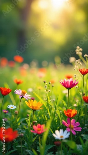 Vibrant wildflowers in a lush meadow bathed in the warm glow of springtime sunlight Perfect for illustrating themes of renewal, growth, and natural beauty , idyllic, nature, yellow