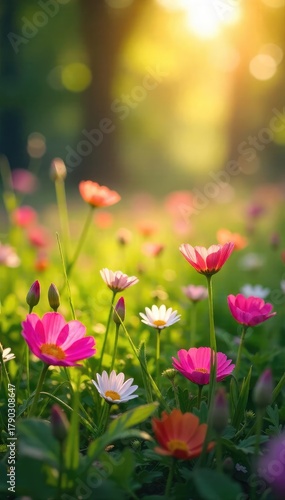 Vibrant wildflowers in a lush meadow bathed in the warm glow of springtime sunlight Perfect for illustrating themes of renewal, growth, and natural beauty , botany, ecology, freshness