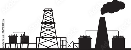 Industrial silhouettes of factory and oil refinery complex for gas and energy plant