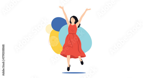 A woman in a red dress jumps joyfully with arms raised amidst colorful abstract shapes.