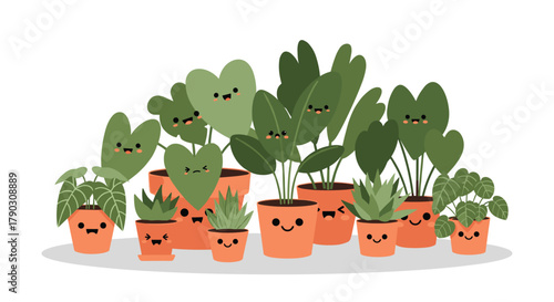 A charming illustration of various potted houseplants with happy, cartoon-like faces smiling.
