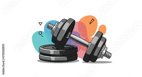 Illustration of a black adjustable dumbbell resting on weights with abstract colorful shapes in the background.