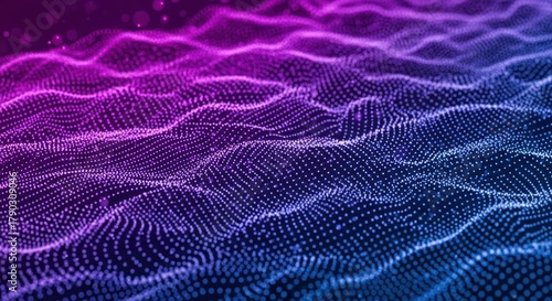 digital waves background. Purple and blue waves of neon glowing particles flowing with bokeh. Information technology