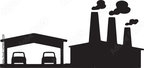 Factory silhouette vector industrial construction building with cars inside