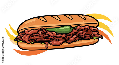 A vibrant cartoon illustration of a hearty sub sandwich, piled high with savory shaved meat, topped with a green jalapeño pepper, and dripping with sauce