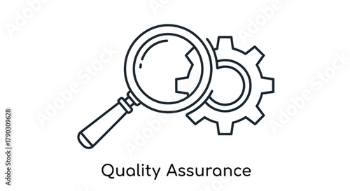 Magnifying glass inspecting a gear symbolizing quality control and meticulous inspection.