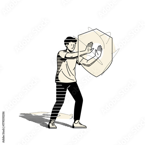 Young man drawing an energy shield while practicing self care  