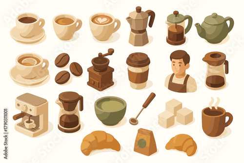 Isometric Coffee Shop and Barista Icon Set