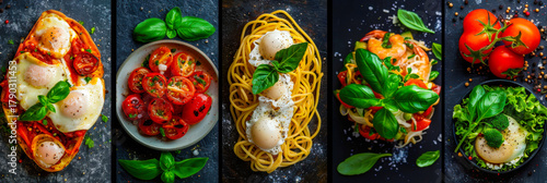 Delicious Italian dishes featuring fresh ingredients and vibrant colors on a dark surface