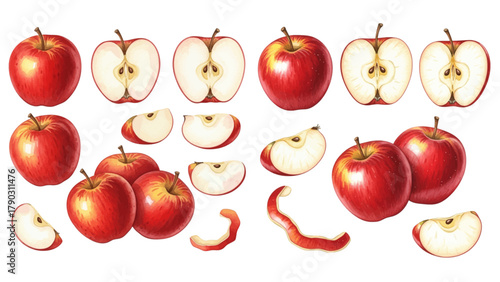 Detailed illustrations of ripe red apples, including whole fruits, halves with seeds, and various slices.