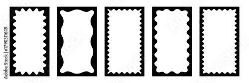 Black scallop frames, curvy borders with decorative edges, empty spaces, wavy shapes, abstract vector design elements for labels and text
