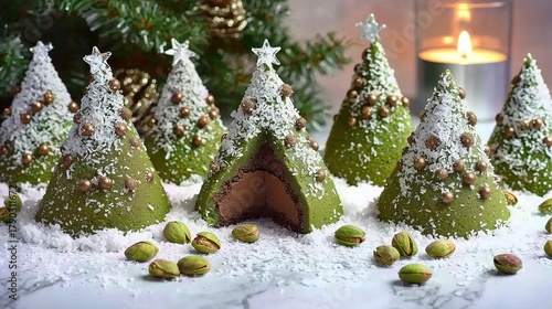 Pistachio Chocolate Mousse Christmas Trees with Lush Filling – Festive Holiday Baking Photography for Bakery Marketing, E-commerce & Seasonal Branding