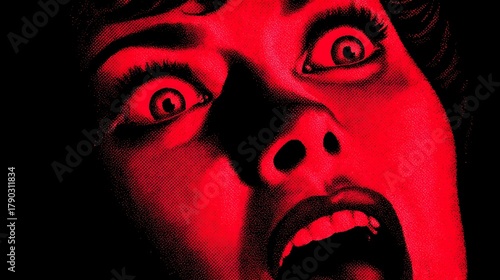 Close up portrait of a person s face expressing extreme fear or shock featuring wide staring eyes and an open screaming mouth depicted with a vintage horror graphic style in bold red and black tones