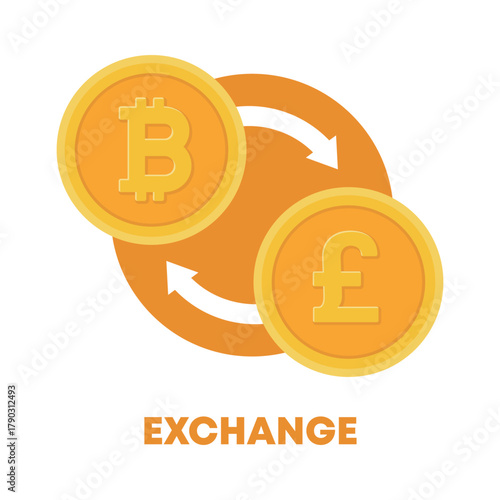 Gold Bitcoin and British Pound coins connected by exchange arrows, symbolizing cryptocurrency and forex trading. Ideal for finance, investment, blockchain and digital currency concepts.