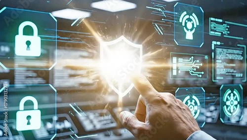 Digital security concept with a hand interacting with a glowing shield icon on a futuristic interface