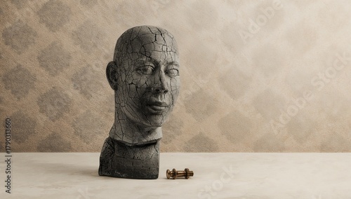 Fragmented Identity: Cracked Concrete Bust of a Human Head Next to a Golden Industrial Bolt on a Textured Surface
