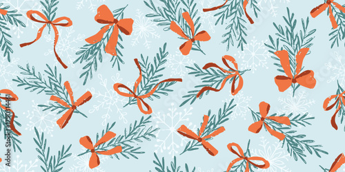 Christmas pattern with bows and pine branches on a light blue background
