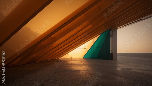 Architectural Angle: Orange & Green Glass Building Interior with Wooden Beam Ceiling and Concrete Floor, Minimalist Design, Desert Landscape View