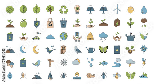 Collection of nature and sustainability icons for ecological themes