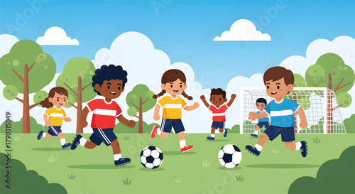 Children playing soccer on a sunny day in a green park